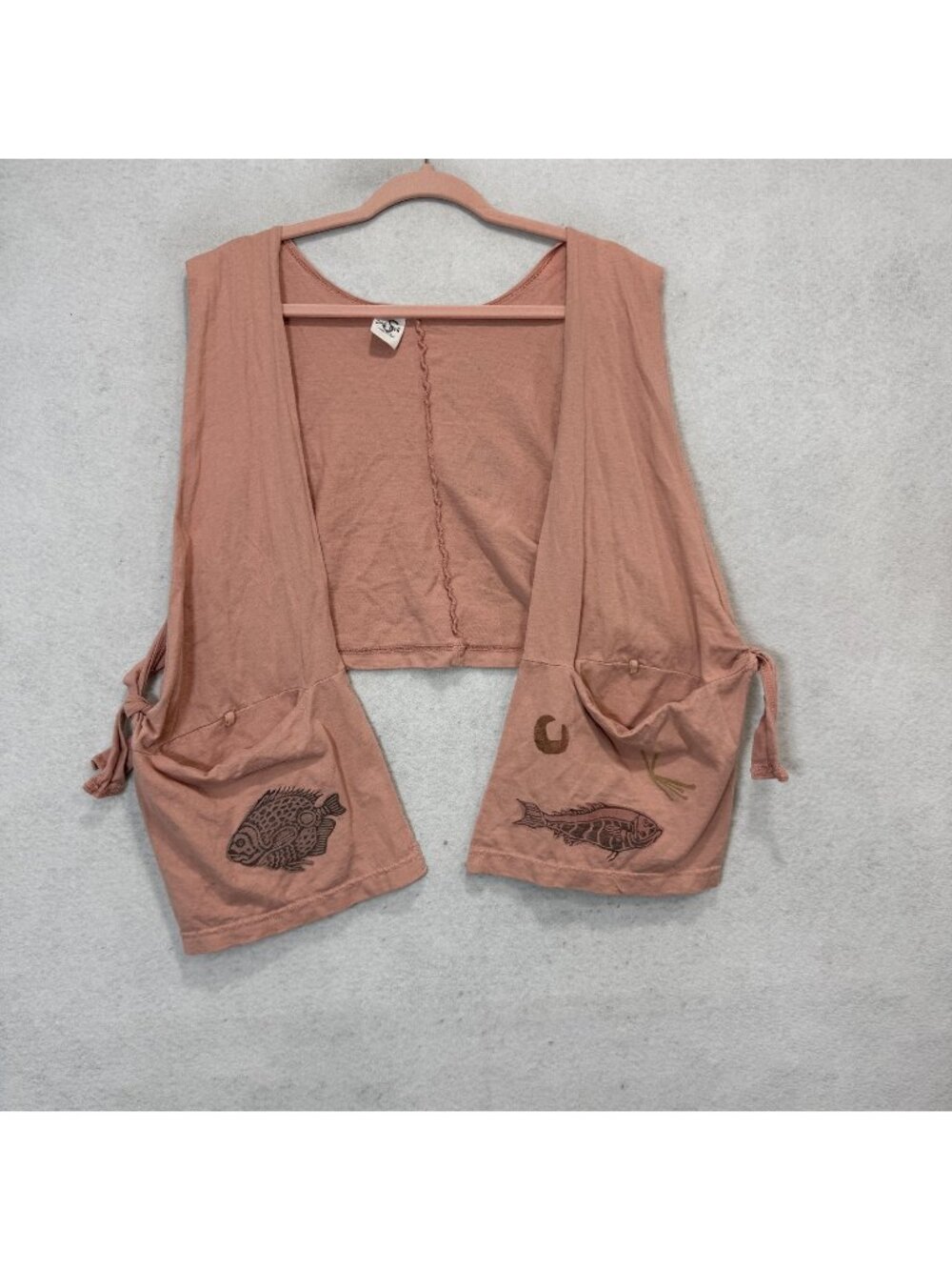 Blue Fish Vest Womens One Size Pink Jersey Open Tie Sides Fish Print Boho